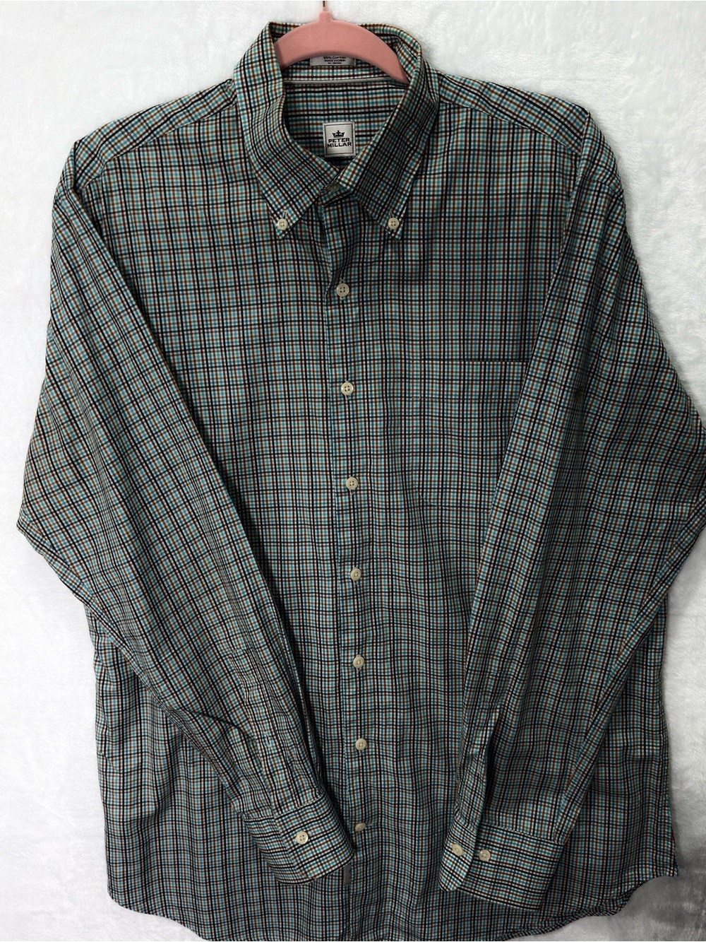 Peter Millar Men’s Large Plaid Check Cotton Button-Down Shirt Teal Brown